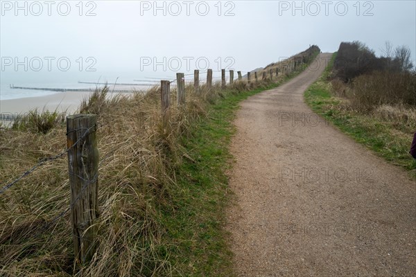 A path winds between dunes and a fence through a bleak landscape