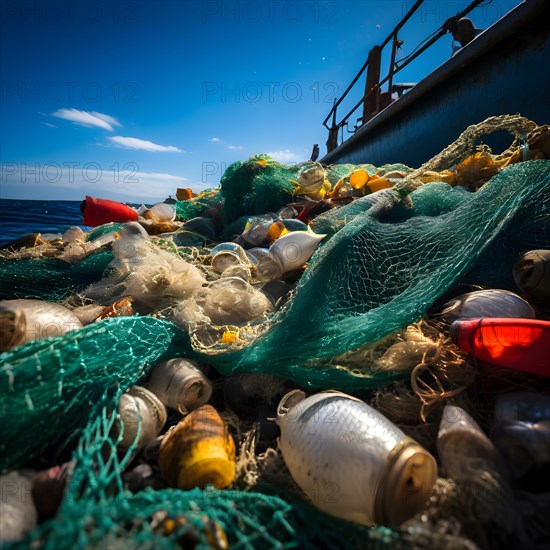 Fishermans net teeming with plastic debris overshadowing the sparse catch of fish, AI generated