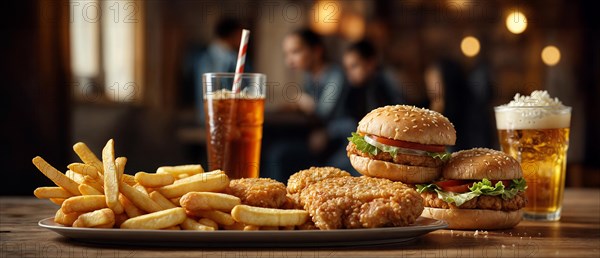 A meal of burgers in a restaurant, fries, chicken, beer, and soda on a wooden table, wide horizontal aspect ratio, blurred sunny background with bokeh effect, AI generated
