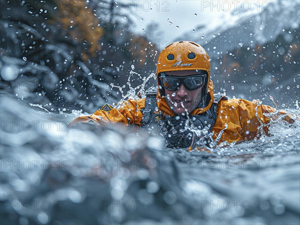 Whitewater riders ride boats through rapids, AI generated