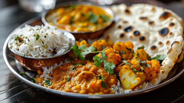 A vibrant Indian meal with paneer curry, naan bread, and rice for a tasty lunch, ai generated, AI generated