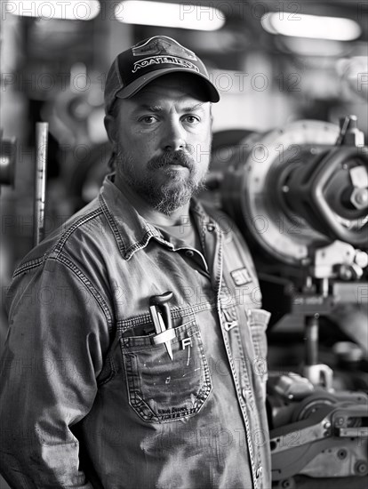 Confident man in denim jacket standing in an industrial workshop, AI generated