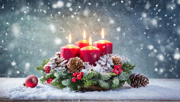 Ai generated, Advent wreath with burning candles, Christmas season, Christmas decoration, 4th Advent, Fourth Advent