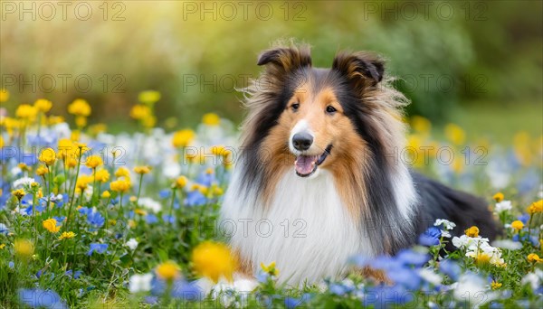 AI generated, A long-haired collie lies in a colourful meadow of flowers