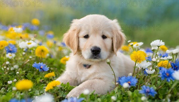 KI generated, A Golden Retriever lies in the grass of a flower meadow, young animals, animal children, (Canis lupus familiaris)