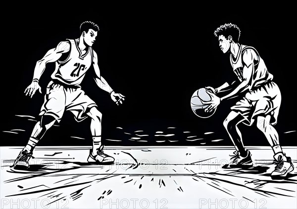 Dynamic basketball game moment frozen in time, black and white illustration, AI generated