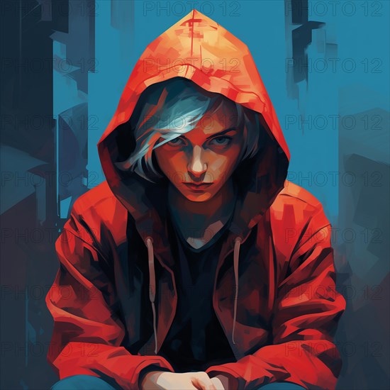 Illustration, teenager with hoodie in gloomy surroundings looks sadly into the camera, symbolic image for depression in children and adolescents, AI generated, AI generated, AI generated