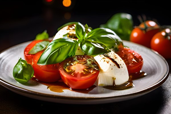 Caprese salad featuring ripe tomatoes embracing buffalo mozzarella fresh basil leaves perched on top, AI generated