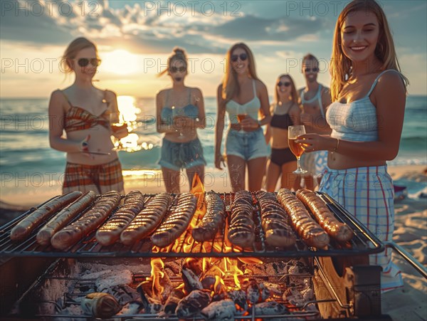 Barbecue party, guests with glasses in their hands stand around a chef who is grilling sausages and steaks, AI generated