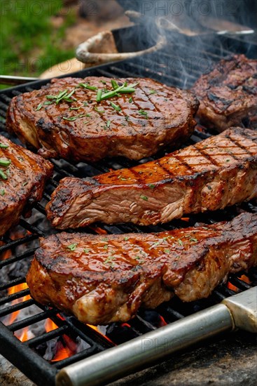 Multiple steaks cooking on an outdoor grill with visible flames, AI generated