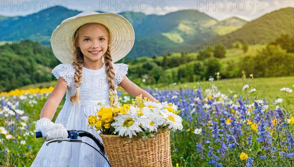 KI generated, A blonde girl rides her bike and enjoys the summer in a meadow with many flowers, Bicycle basket with flowers