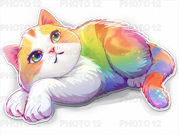 A cute cartoon cat laying down with a coat of rainbow colors, ai generated, AI generated