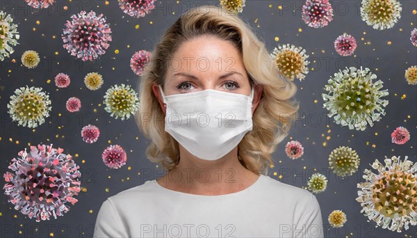 AI generated, A blonde woman protects herself from Corona, various viruses, Covid-19, FFP2 mask