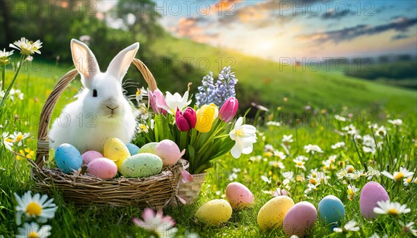 Ai generated, An Easter basket with coloured eggs in a meadow with colourful flowers, in the basket a white rabbit, symbolic picture Easter, animal children, dwarf rabbit