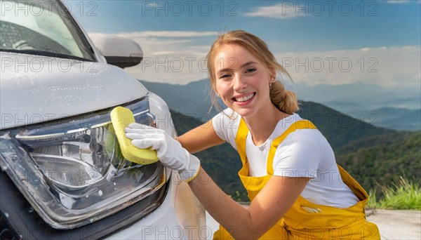 AI generated, A blonde woman washes a car by hand, silver sports car