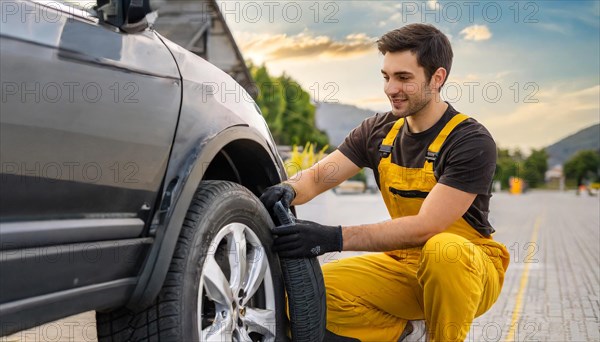 AI generated, A mechanic changes the tyres on a customer's car, Tyre fitting