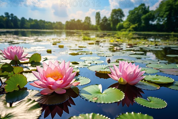Pond with pink lotus flowers. KI generiert, generiert AI generated
