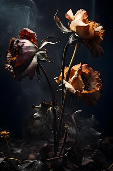 Wilted flowers embracing elegance in decay, AI generated