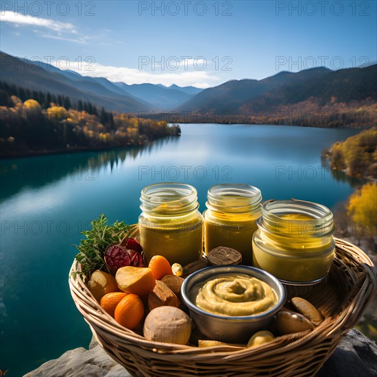 Basket brimming with glass jars filled with homemade hummus partnered with carrot sticks, AI generated