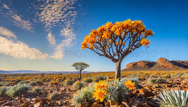 KI generated, Namibia, Namaqualand, blooming desert with camel thorn tree, Africa