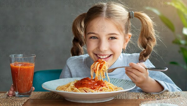 KI generated, A girl, 10, years, eats a plate of spaghetti with relish