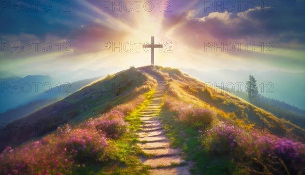 Footpath leading to a cross on top of the hill backlit by soft light beams. Heavenly beautiful background for Easter Christian holiday. Conceptual scene for religion and faith. AI generated art
