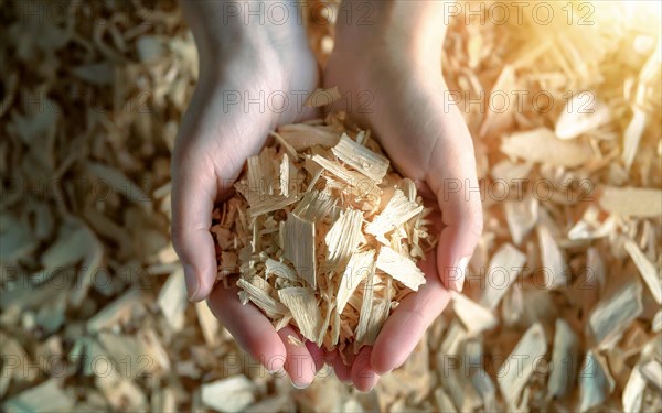 Holding woodchips in your hands, woodchips, renewable fuel, climate change, AI generated, AI generated