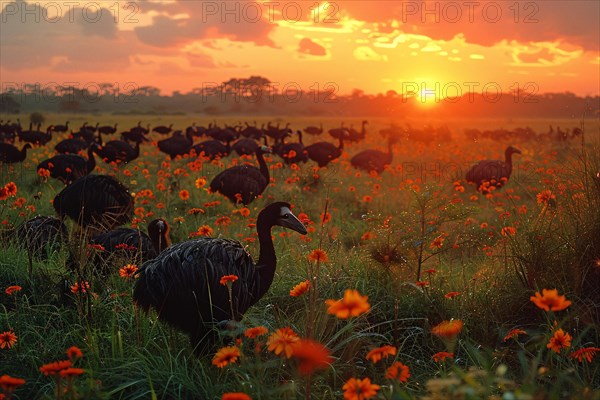 Ostriches in the savannah against a backdrop of a sunset sky with wildflowers, AI generated