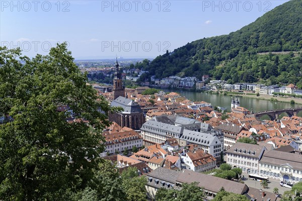 Panoramic view of an old town by the river (Neckar), with church and mountain in the background, Heidelberg, Baden-Wuerttemberg, Germany, Europe