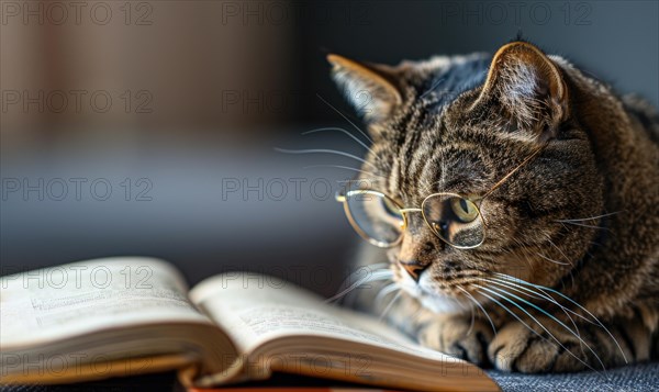 A tabby cat with glasses appears to be reading an open book AI generated