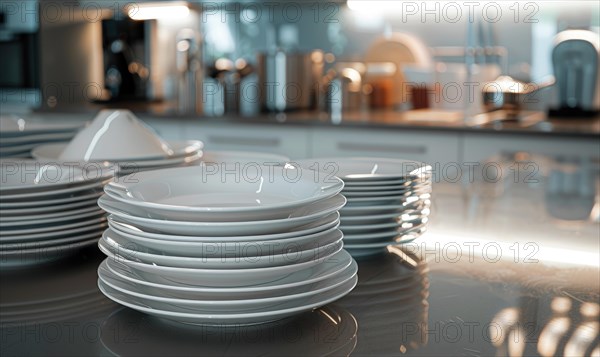 Neat stacks of clean plates on a kitchen counter reflecting light AI generated