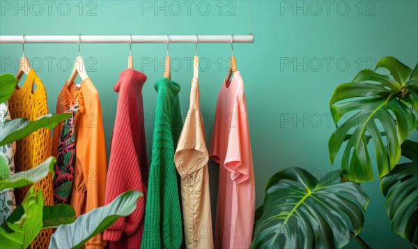 Colorful assortment of clothes hanging neatly against a green wall alongside indoor plants AI generated