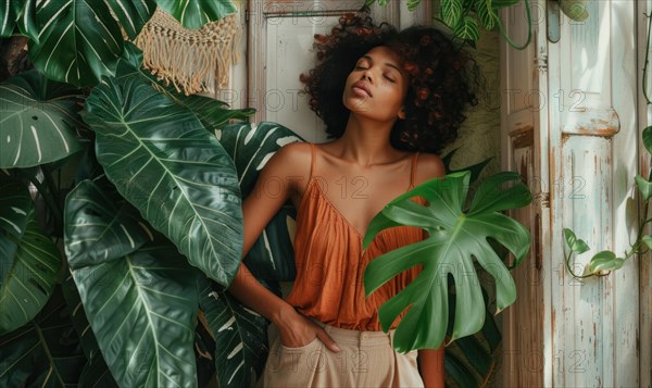 A relaxed woman in summer attire leaning against a rustic door surrounded by tropical plants AI generated