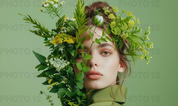 Portrait of a woman with her face adorned with greenery and floral elements AI generated