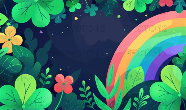 Vibrant rainbow with clovers under a starry night sky AI generated