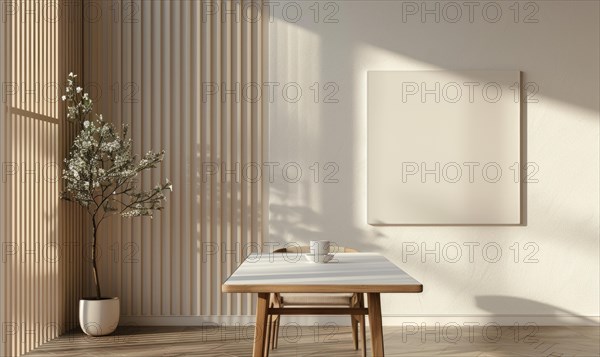 Serene space with simple decor, sunlight casting shadows, and an empty frame AI generated