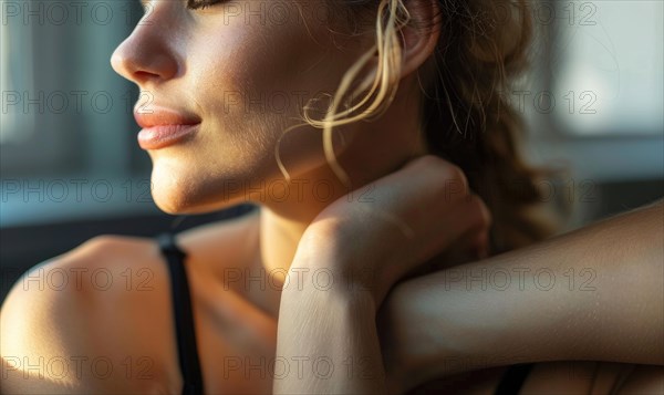 Close-up of a serene woman's profile with soft golden hour lighting AI generated AI generated