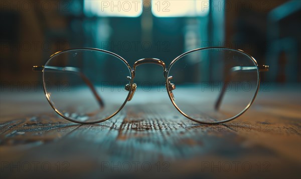 Warmly lit thin framed eyeglasses on a rustic wooden table AI generated