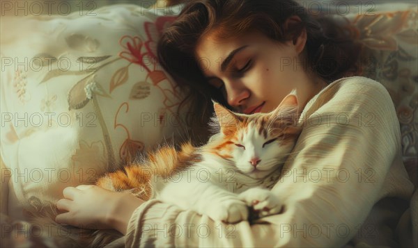 A young woman and a cat share an intimate nap, relaxing peacefully AI generated