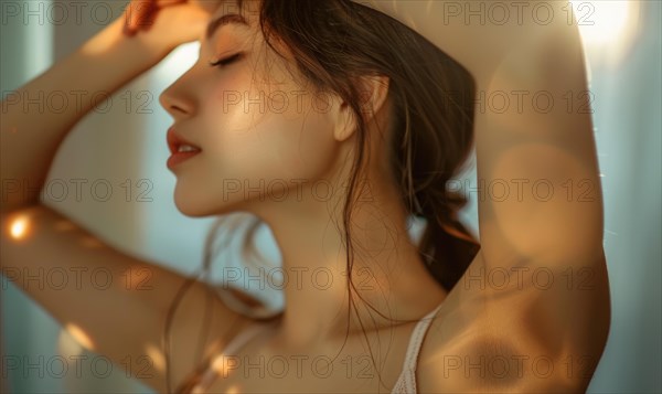 A serene woman bathed in soft golden hour light with a relaxed, contemplative expression AI generated