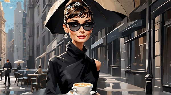 Elegant woman with sunglasses under an umbrella in a European cafe setting, 1960's mood, AI generated