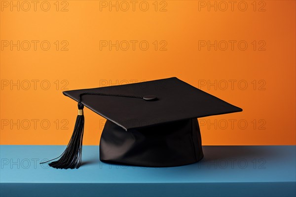 Black graduation hat on blue and orange studio background. KI generiert, generiert AI generated