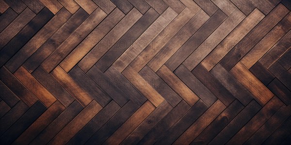 Banner with dark brown wooden herringbone tile floor background. KI generiert, generiert AI generated