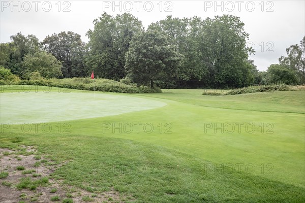 Golf course with manicured green, flagpole, lawns and trees