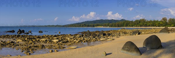 Rocky beach landscape at Silent beach in Khao lak, beach, sandy beach, panorama, beach panorama, stony, rocks, beach holiday, holiday, travel, tourism, sea, seascape, coastal landscape, landscape, rocky, stony, ocean, beach holiday, flora, tree, palm, palm beach, forest, nature, lonely, empty, nobody, dream beach, beautiful, weather, climate, sunny, sun, paradise, beach paradise, Thailand, Asia