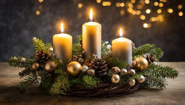 Ai generated, Advent wreath with burning candles, Christmas time, Christmas decoration, 3rd Advent, Third Advent