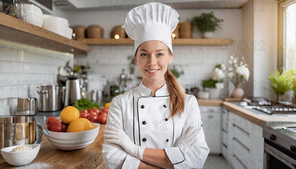 AI generated, An attractive blonde chef in the kitchen of a hotel