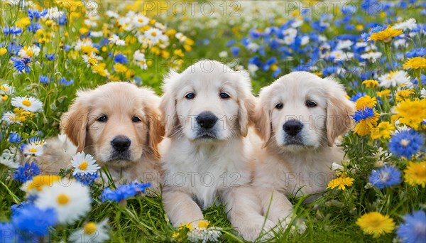 KI generated, Three Golden Retrievers lying in the grass of a flower meadow, young animals, animal children