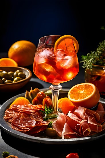 Aperol spritz condensation on glass vibrant orange hue platter of antipasti arrayed, AI generated