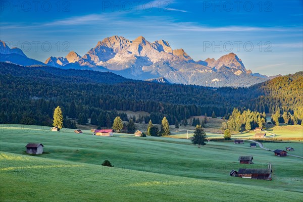 Humpback meadows between Mittenwald and Kruen, Werdenfelser Land, behind it the Zugspitze, 2962m, Wetterstein Mountains, Upper Bavaria, Bavaria